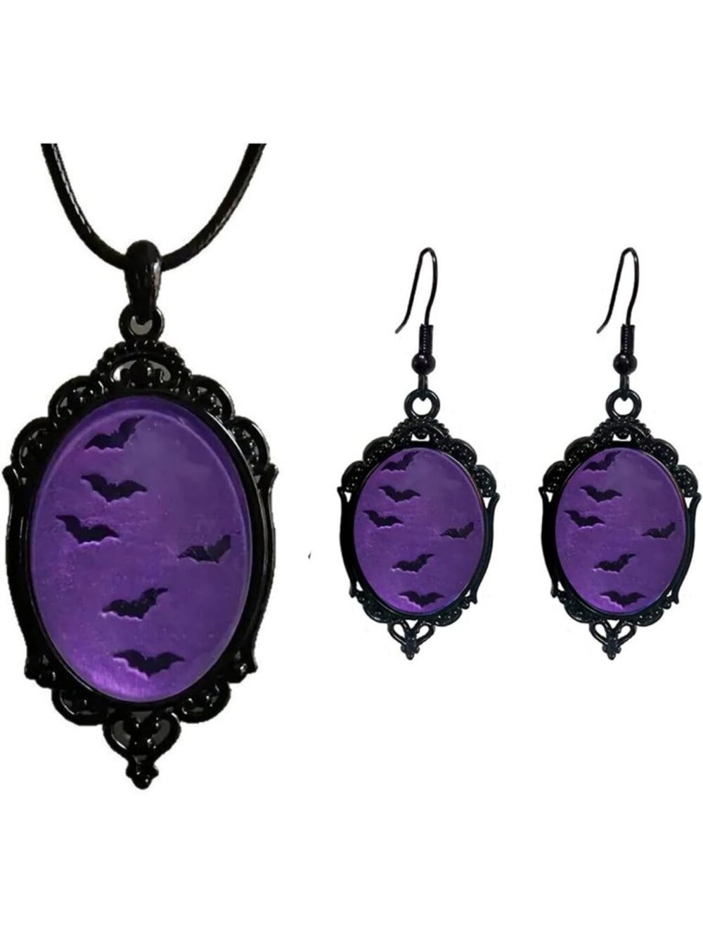 Vintage Gothic Raven Bat Witch Jewelry Set Cameo Necklace Earrings- B5:Purple